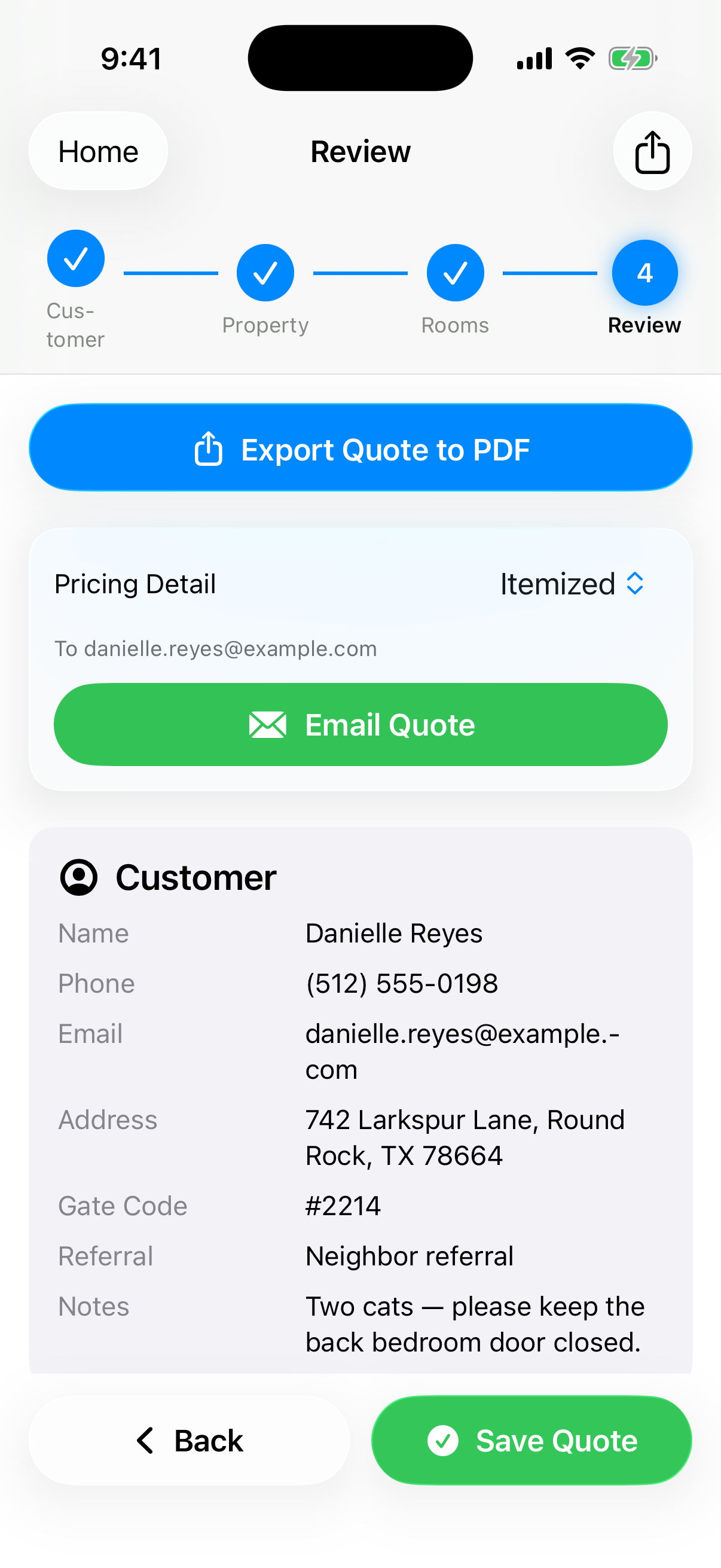 CleanQuotes on iPhone showing a finished quote with Export to PDF and Email Quote actions