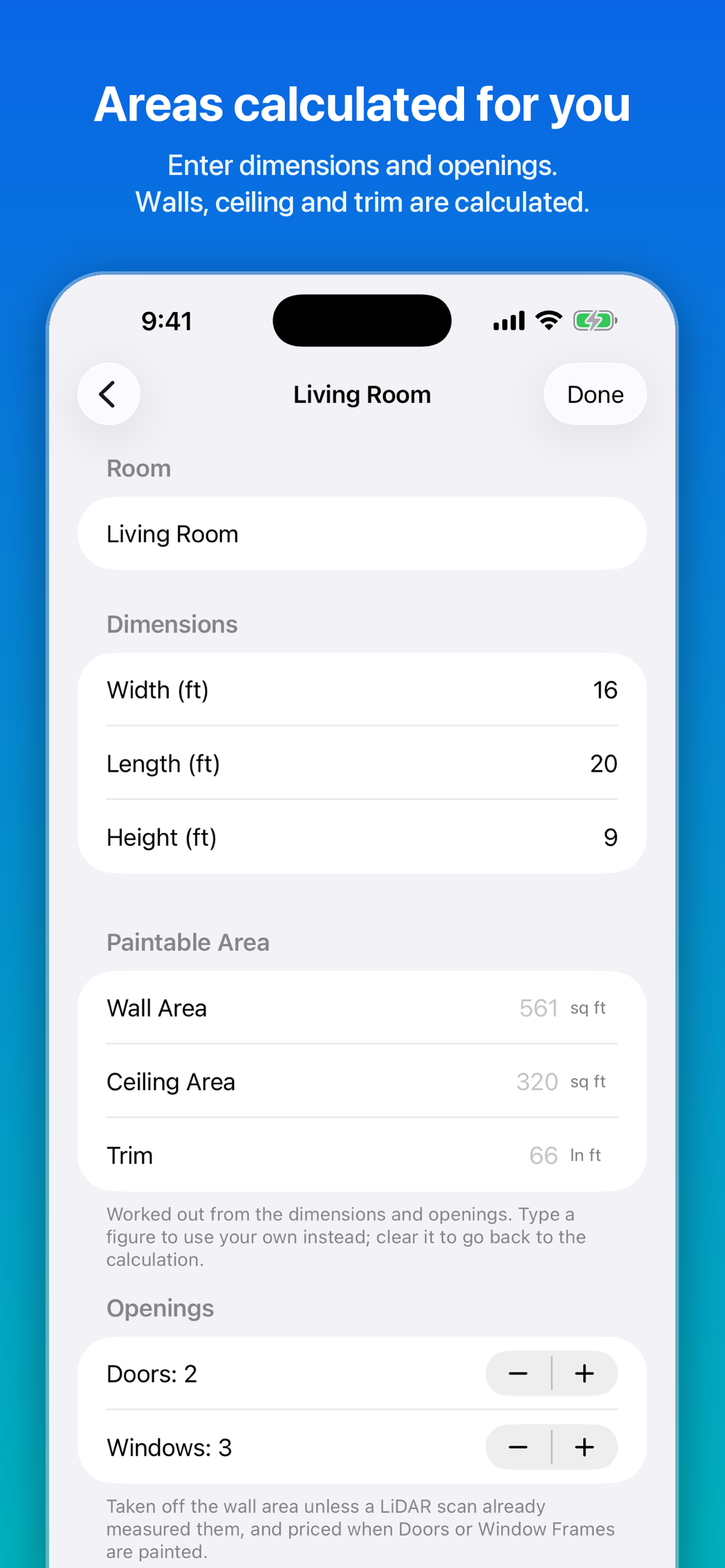 CleanQuotes on iPhone calculating wall, ceiling, and trim area for a living room from its dimensions and openings