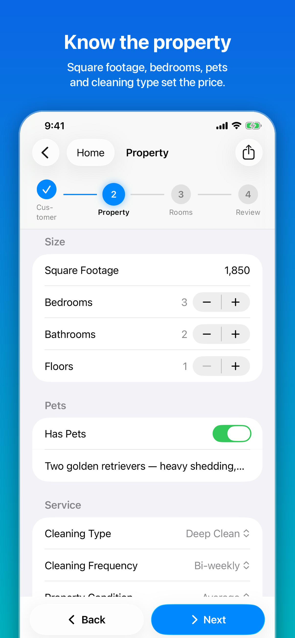 CleanQuotes on iPhone entering property square footage, bedrooms, pets, and cleaning type