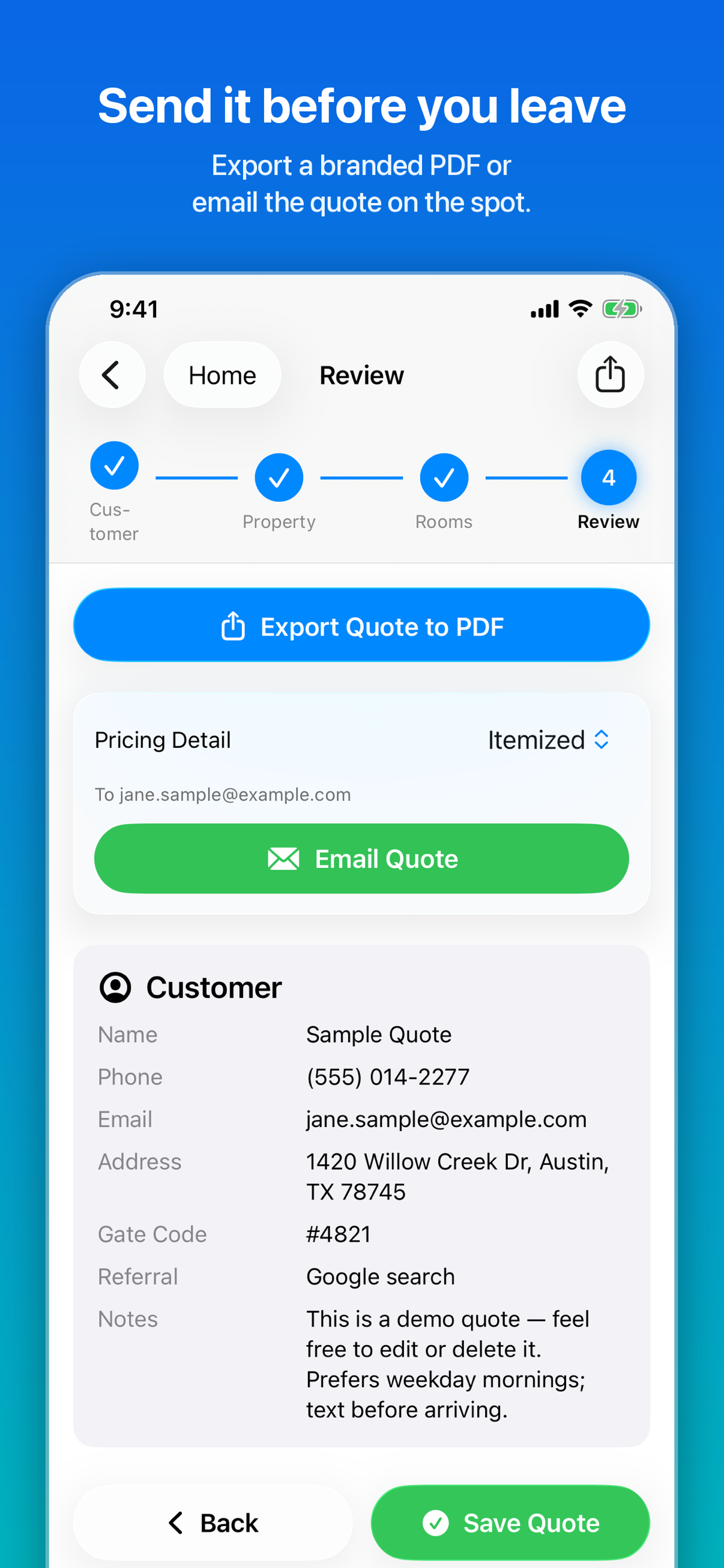 CleanQuotes Review step on iPhone with Export Quote to PDF and Email Quote buttons