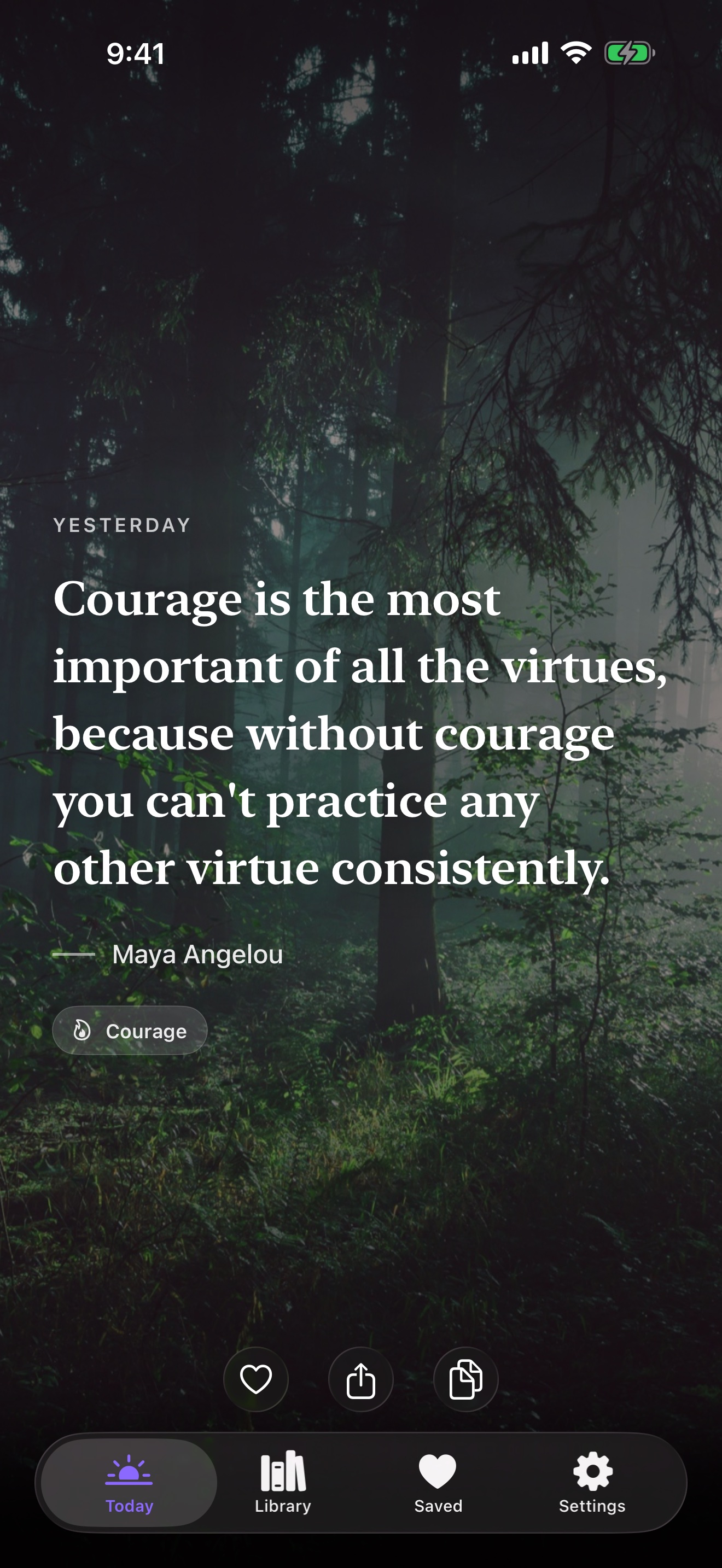 Daily Quotes on iPhone showing yesterday’s Maya Angelou quote on a misty forest photograph