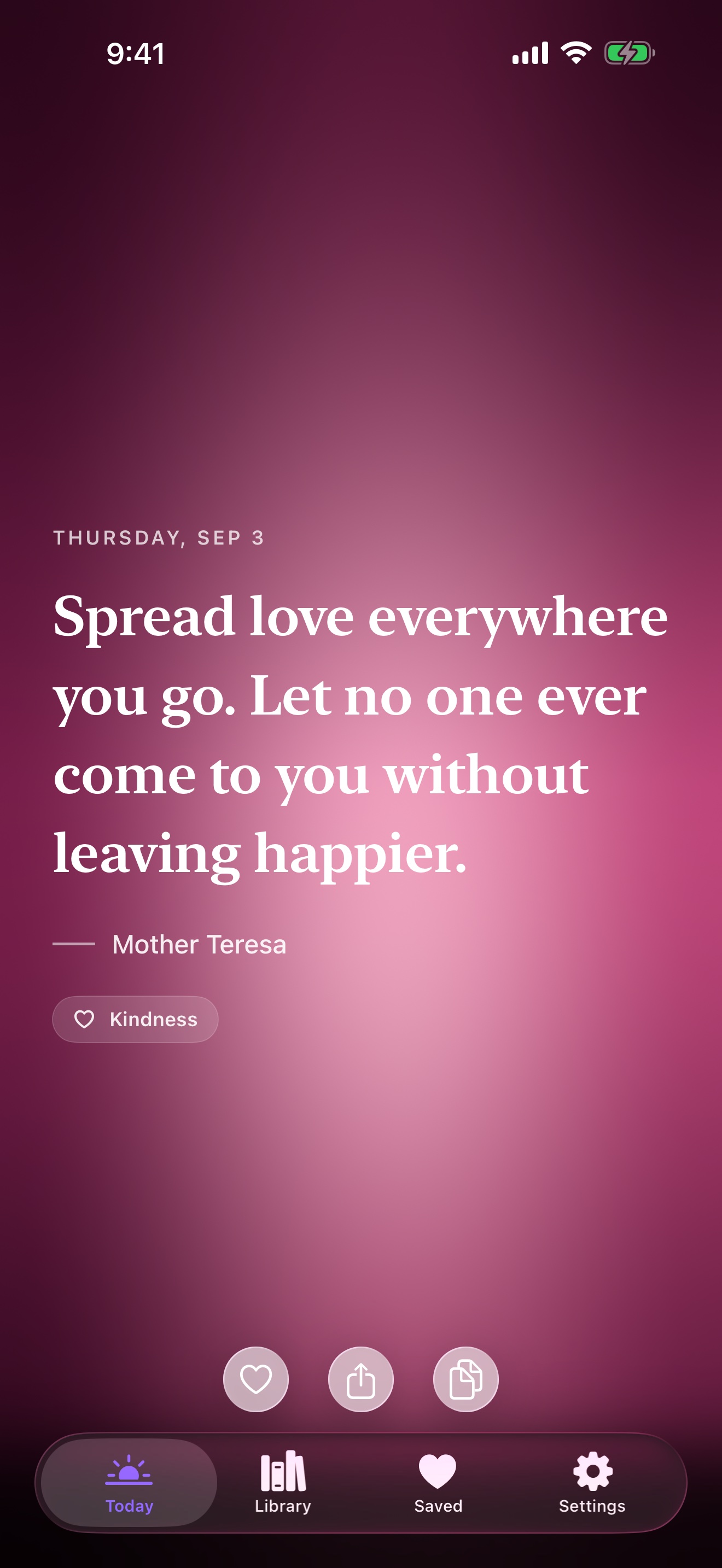 Daily Quotes on iPhone showing a Mother Teresa quote on the aurora card style