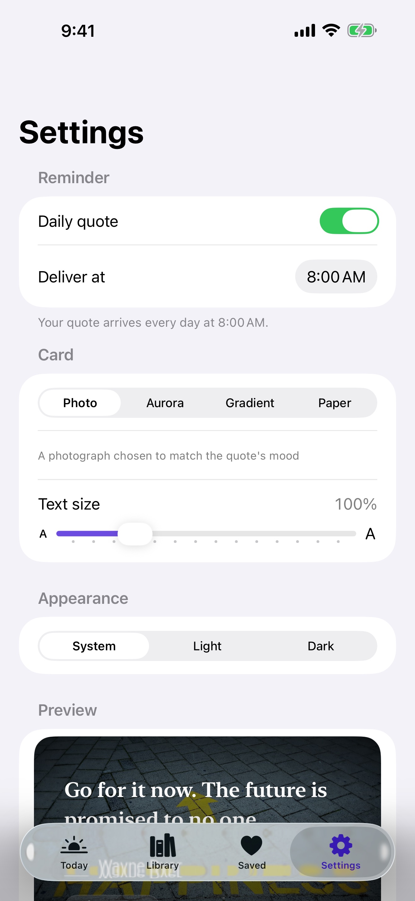 Daily Quotes settings on iPhone with the daily reminder time, card style, and text size