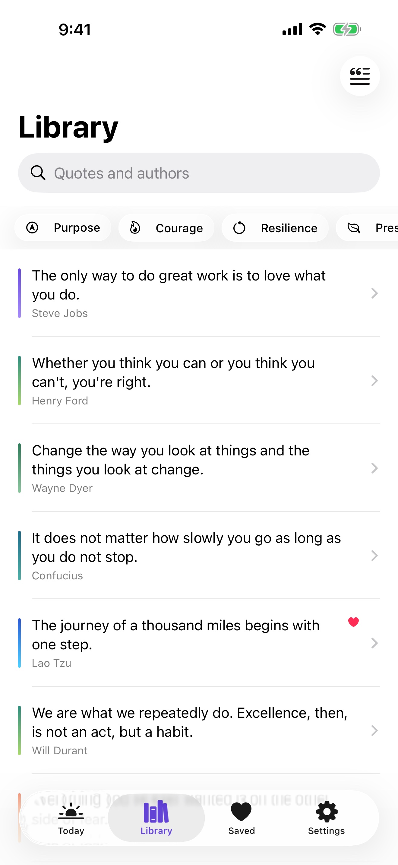 Daily Quotes library on iPhone with search and mood filters