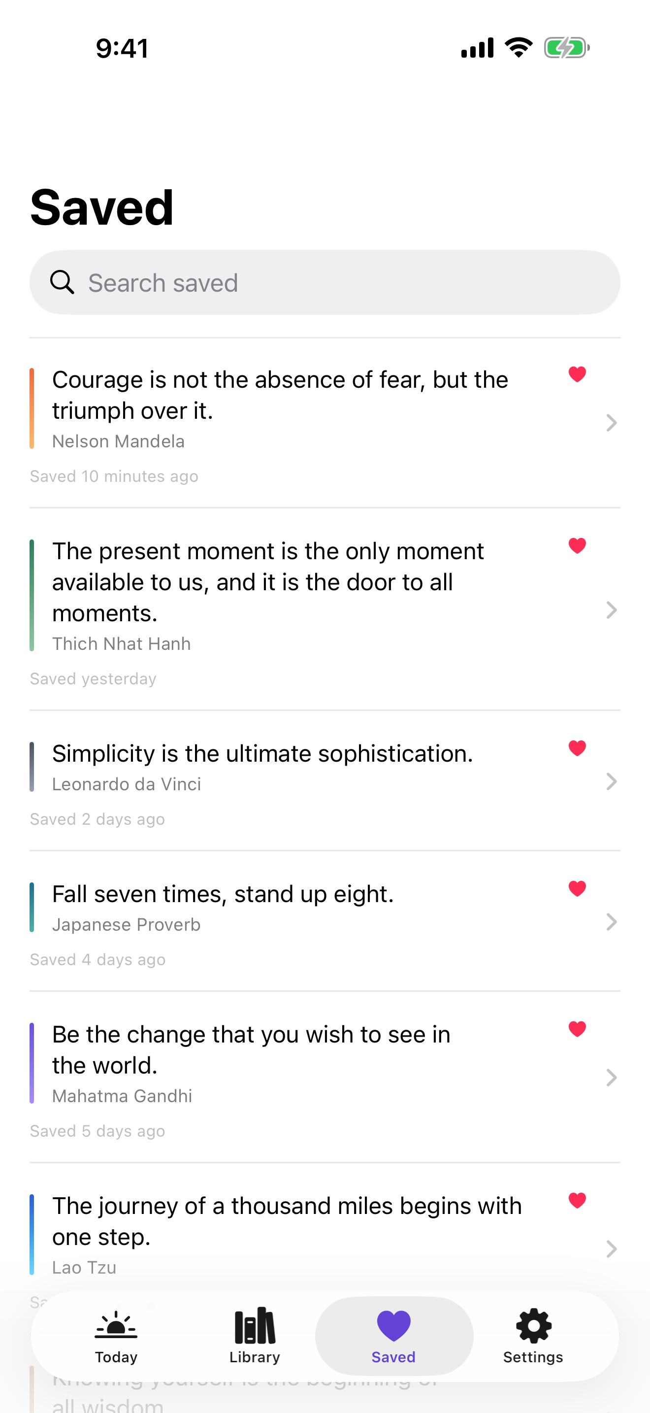 Daily Quotes on iPhone listing saved quotes