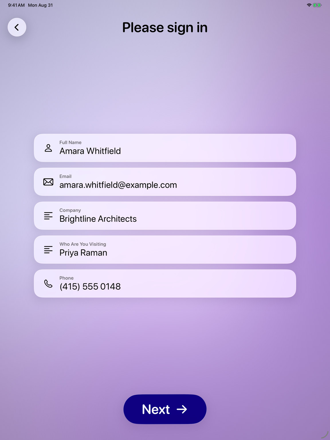 FrontDesk Genie sign-in form on iPad with name, email, company, host, and phone fields