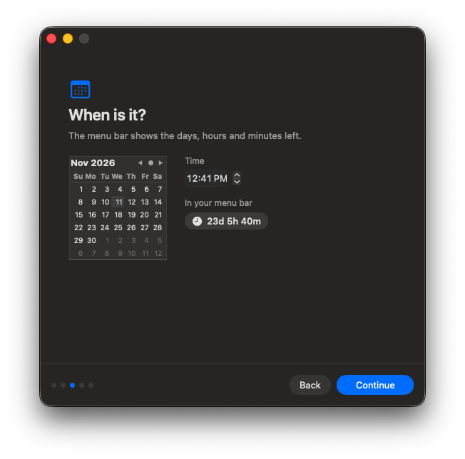 MenuTimer setup asking when it is, with a calendar, a time picker and a preview of the menu bar countdown