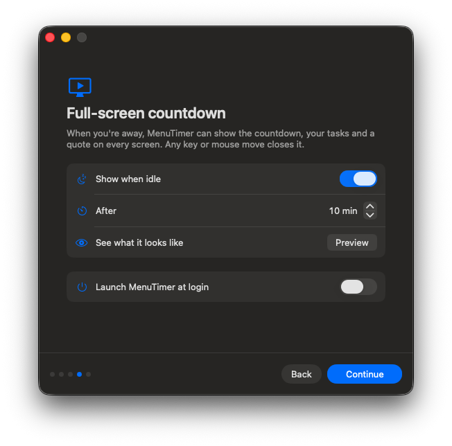 MenuTimer setup with the full-screen countdown options and launch at login