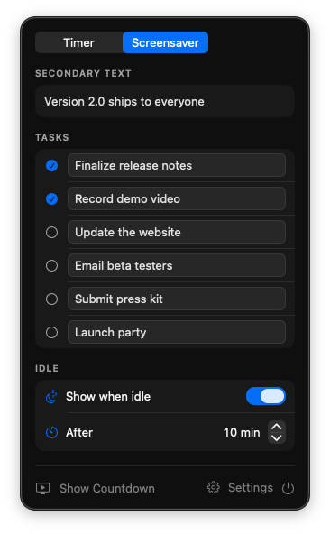 MenuTimer Screensaver tab with secondary text, a six-item task list with two tasks checked, and idle options