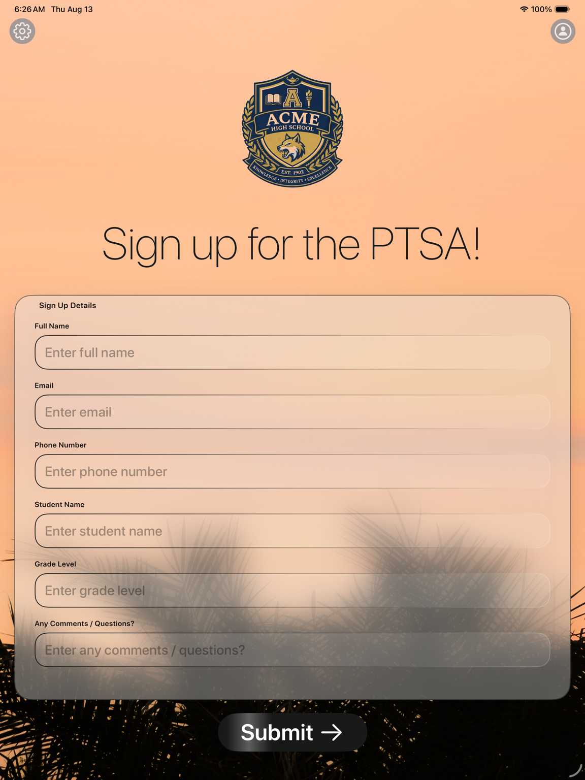 Sign-Up Sheet on iPad collecting PTSA sign-ups on a frosted-glass form