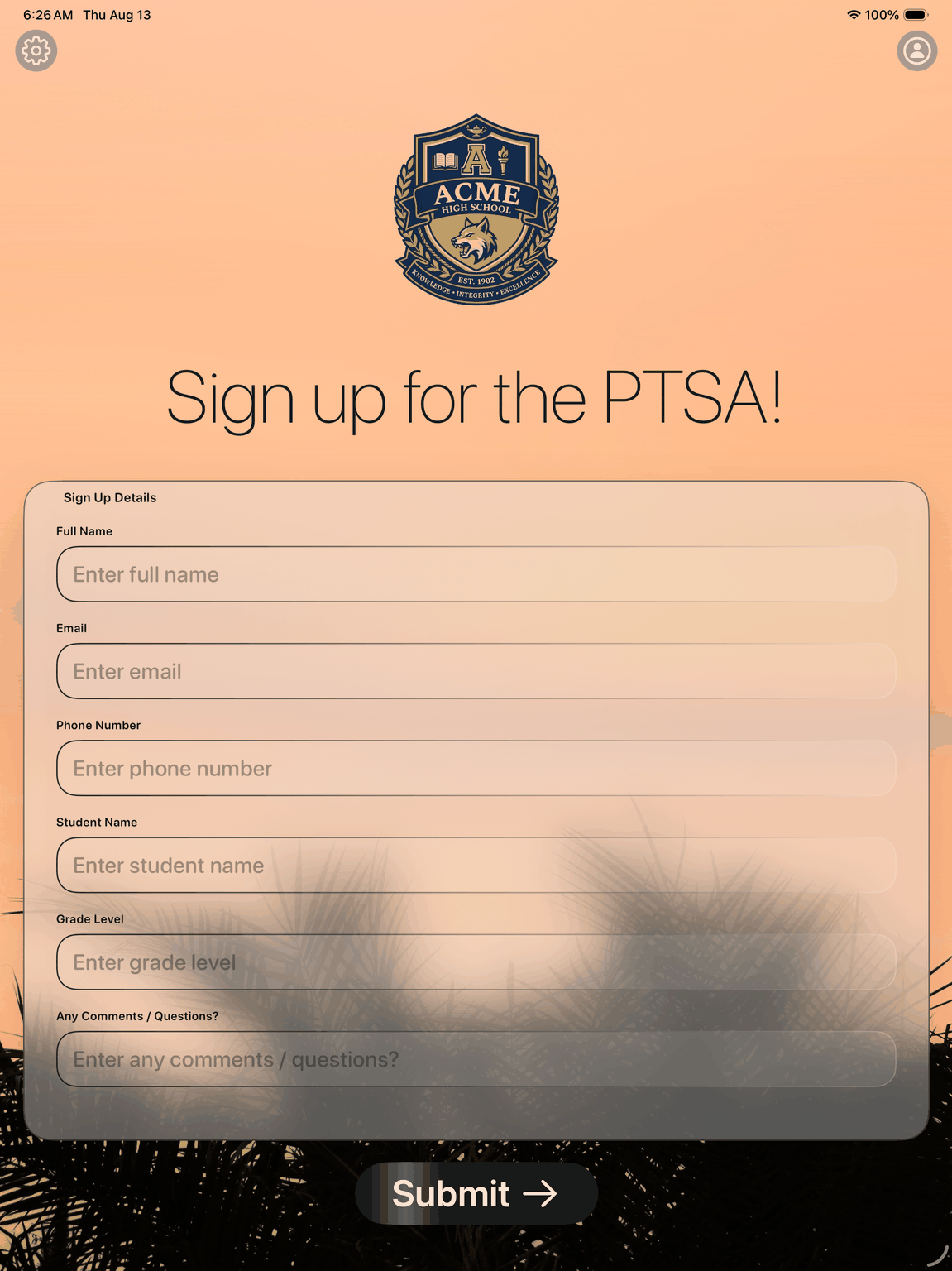 Sign-Up Sheet on iPad collecting PTSA sign-ups with custom fields