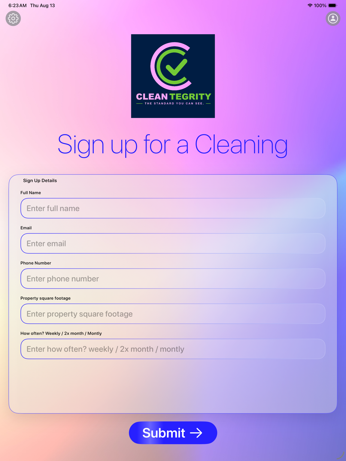 Sign-Up Sheet on iPad branded for a cleaning company sign-up form