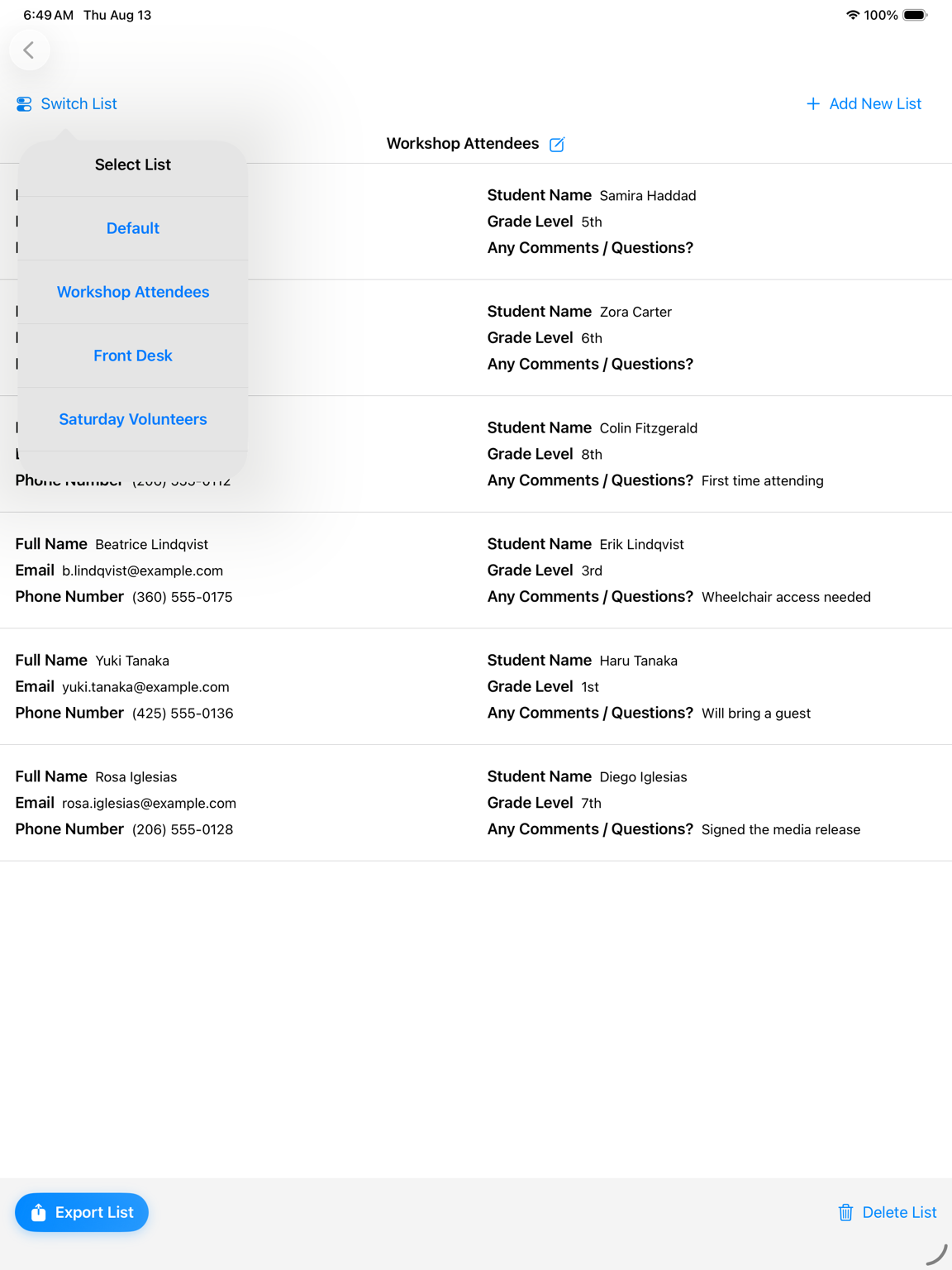 Sign-Up Sheet on iPad showing collected entries with the list switcher open