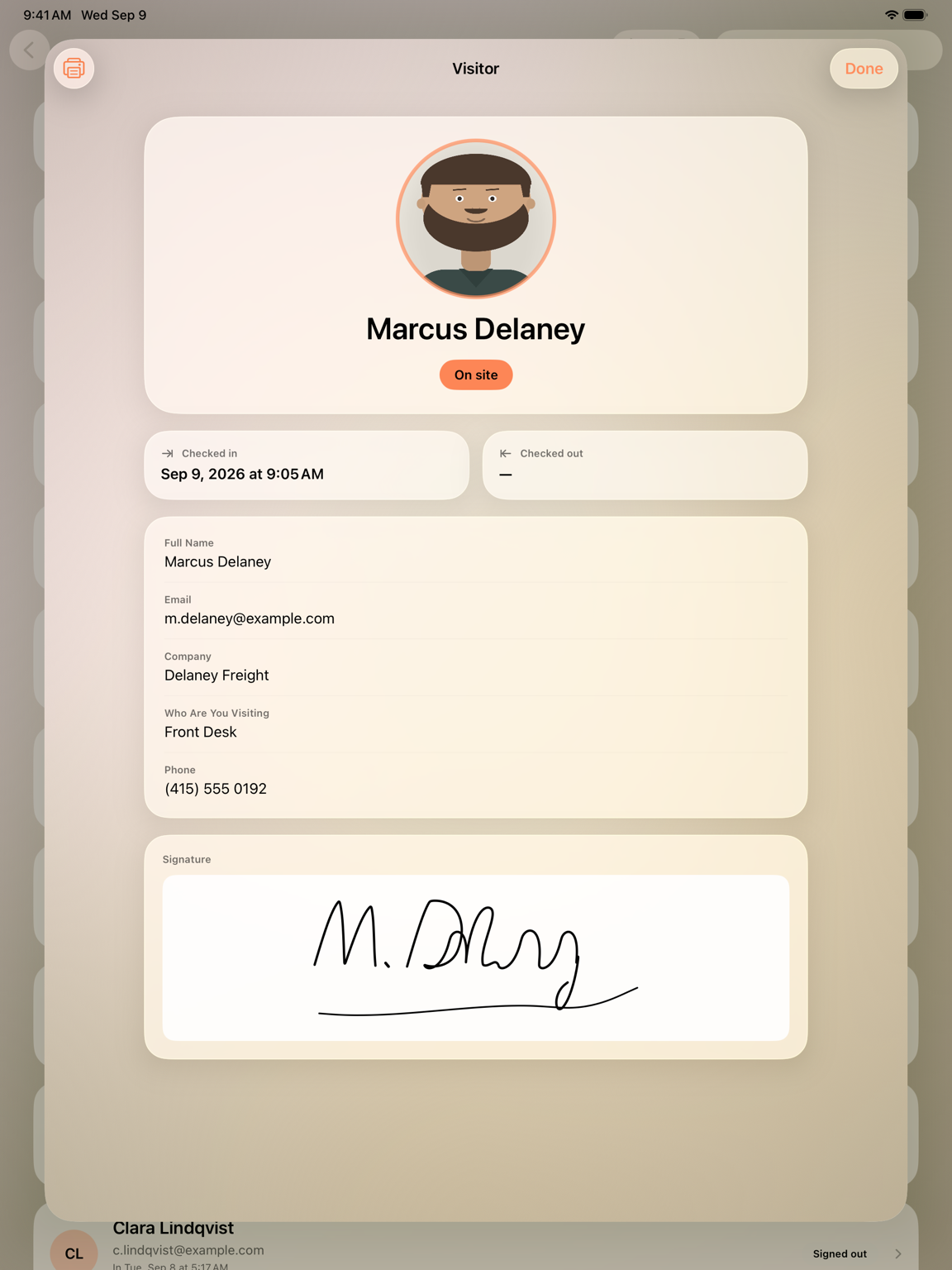 Simple Visitor Log visitor detail on iPad with contact details and signature