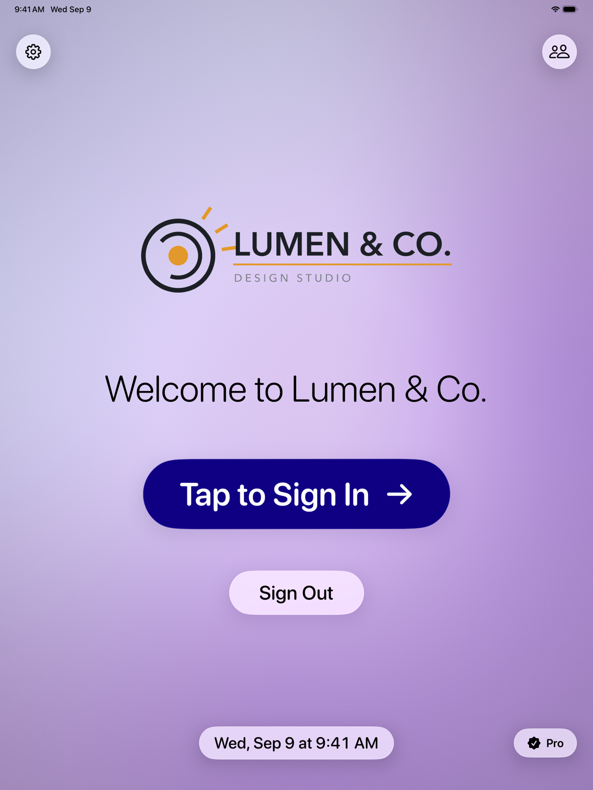 Simple Visitor Log welcome screen on iPad with a Tap to Sign In button