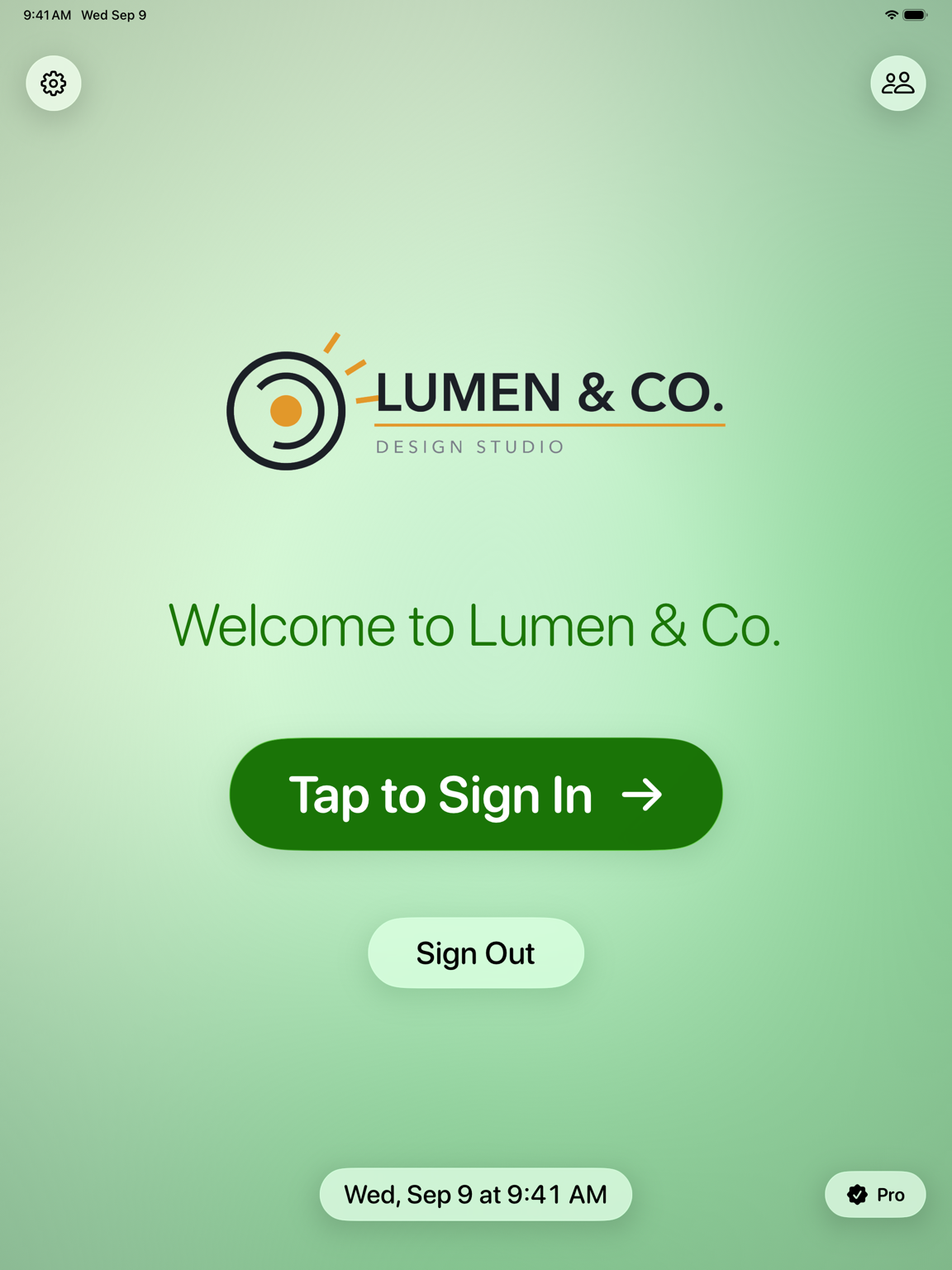 Simple Visitor Log welcome screen on iPad in a green theme colour