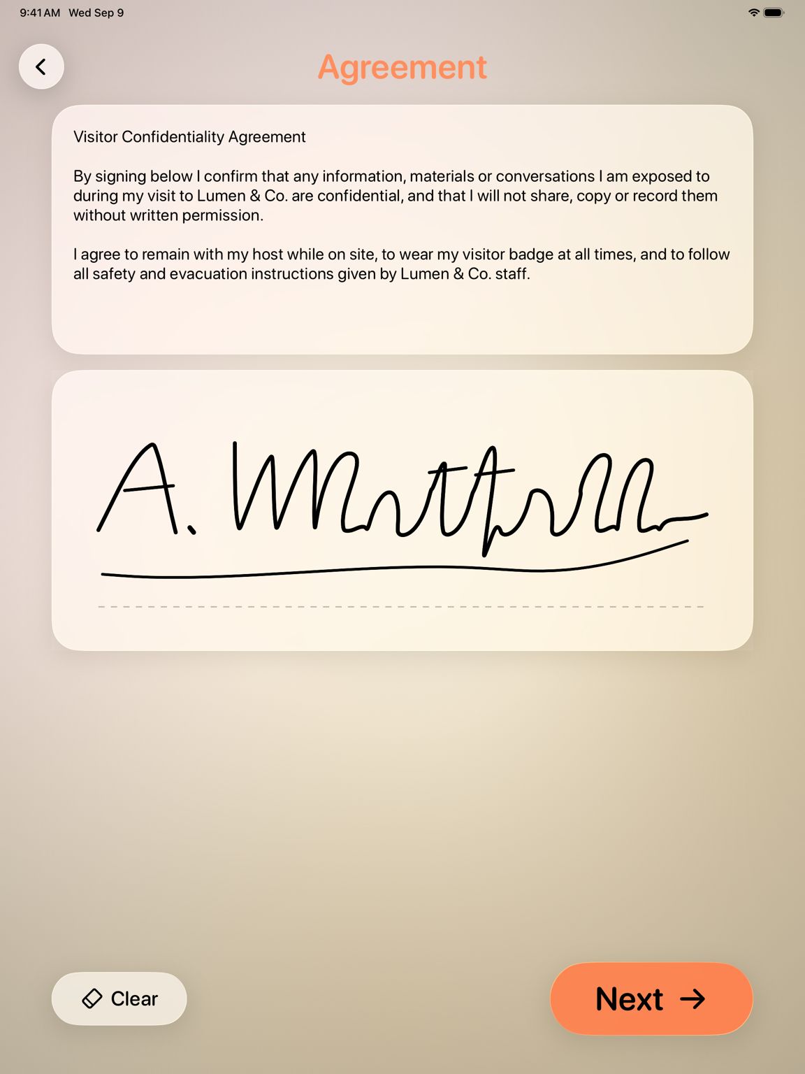 Simple Visitor Log agreement screen on iPad with a visitor signature
